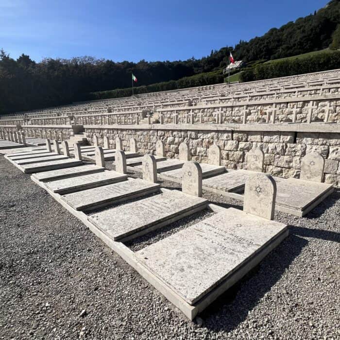 Jewish section of the Monte Cassino Polish Cemetery, honoring fallen soldiers with Stars of David among the crosses.