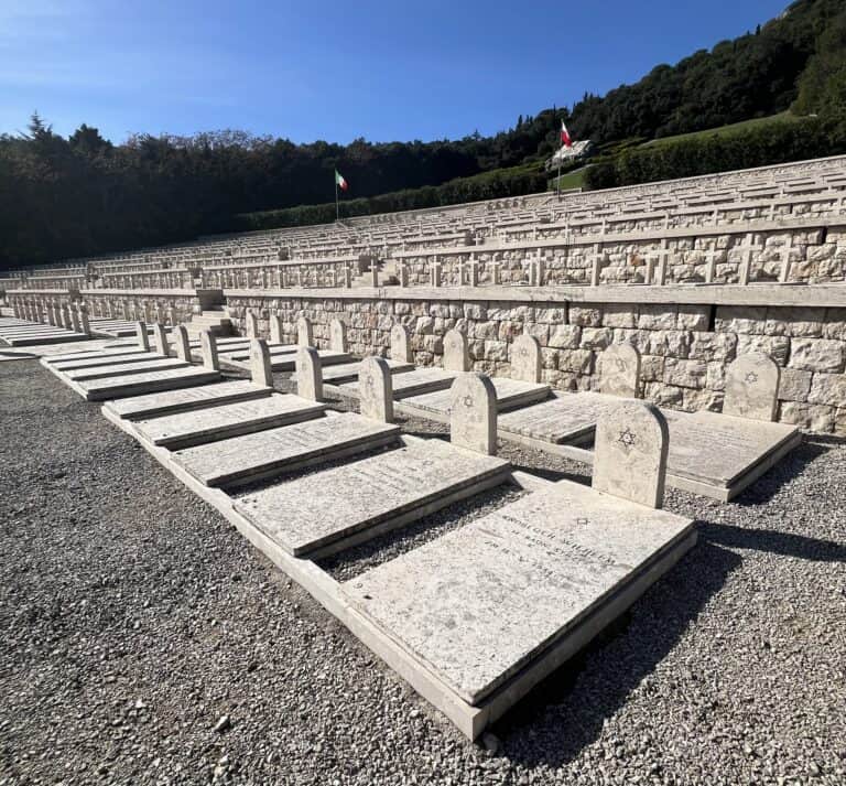 Jewish section of the Monte Cassino Polish Cemetery, honoring fallen soldiers with Stars of David among the crosses.